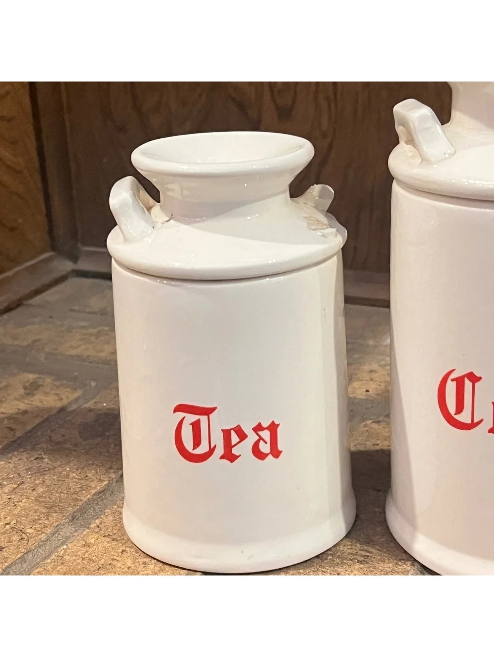 Vintage White Ceramic Kitchen Canister Set with Red Lettering - Tea, Coffee, 4-P